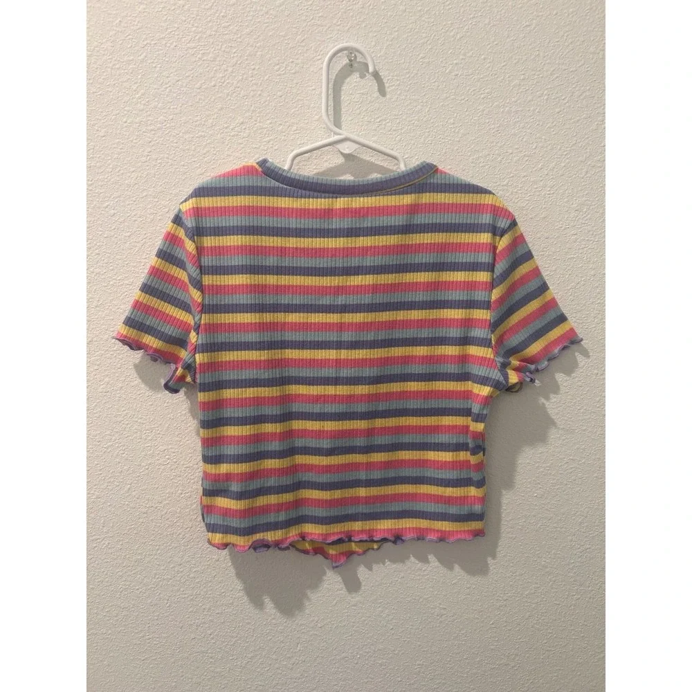 SHEIN Teen Girls Striped Ribbed Knit‎ Flower Patch Lettuce Edge Tee Shirt 12-13Y